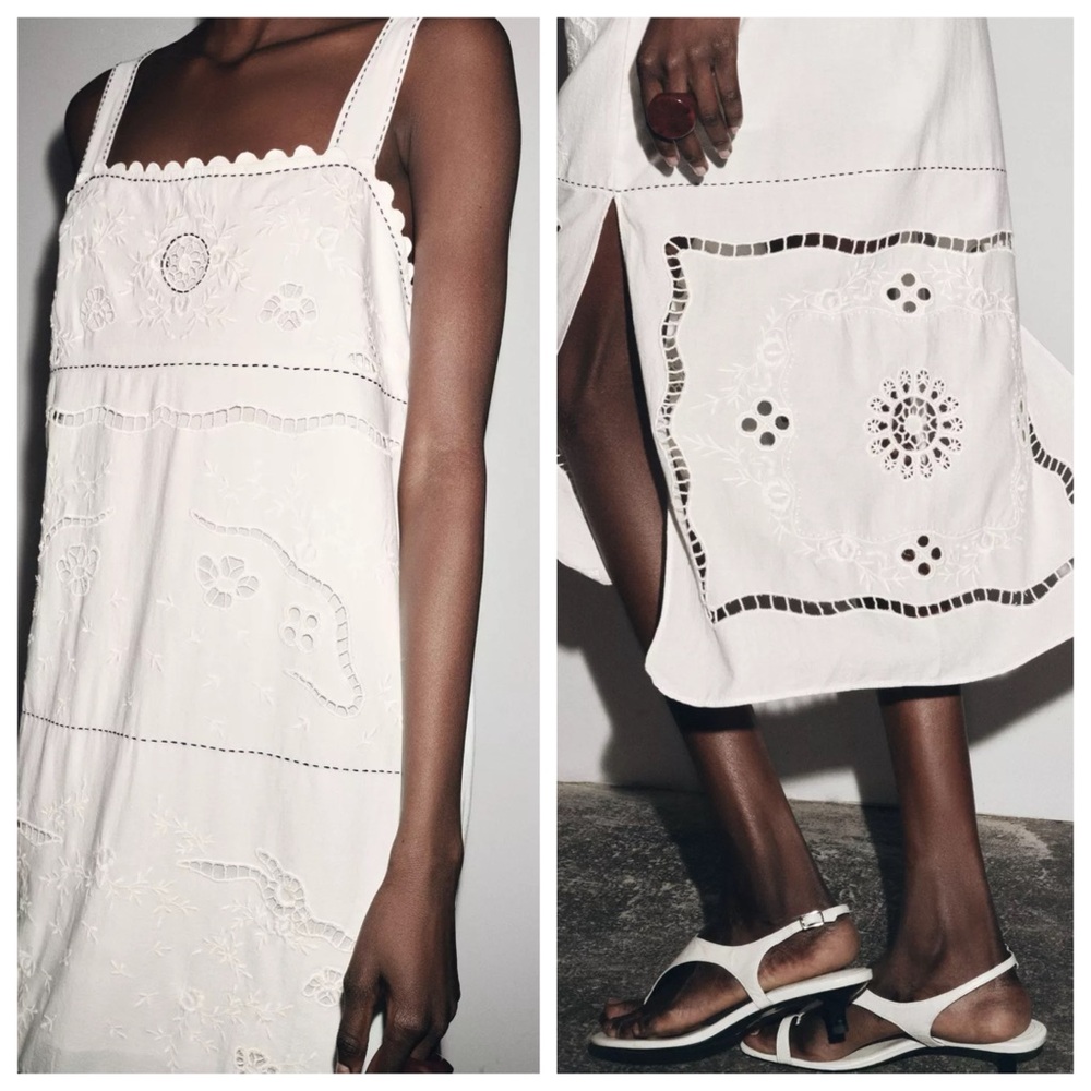 Zara White Eyelet Embroidered Midi Dress